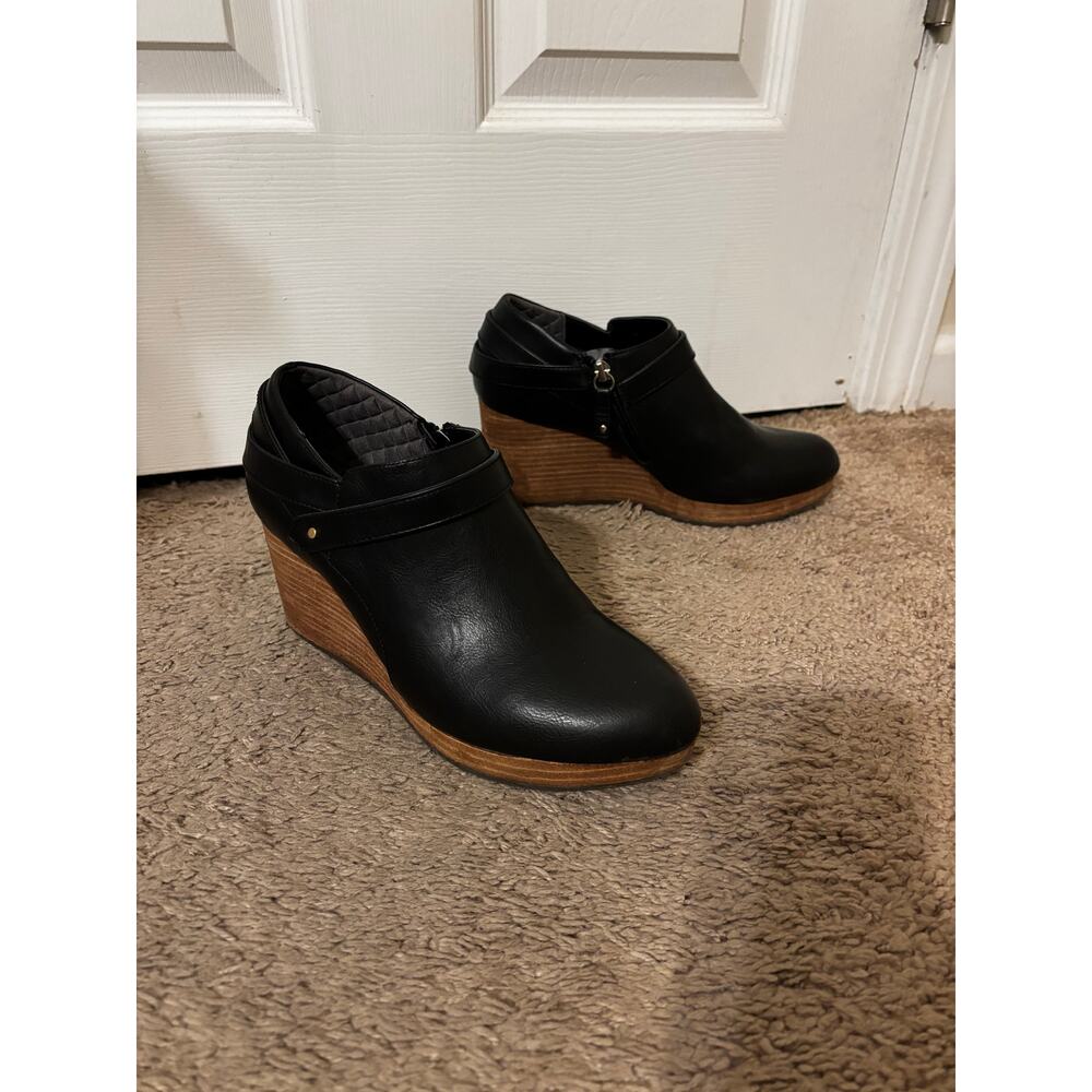 Dr. Scholl's Black Leather Wedge Ankle Booties with Brown Wood-Effect Heel